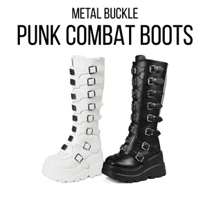 CYNLLIO  Womens Platform Knee High Boots Round Toe High Heel Gothic Boot Zipper Wedge Metal Buckle Punk Combat Spring Boots
