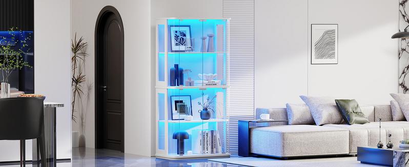 BROTTAR 65" Rounded Display Cabinet with Glass Door, 4-Tier Curio Cabinet with Transparent Full-Display Surface, Glass Display Case with 3 Color Lights for Collectibles, Human Body Sensor, White
