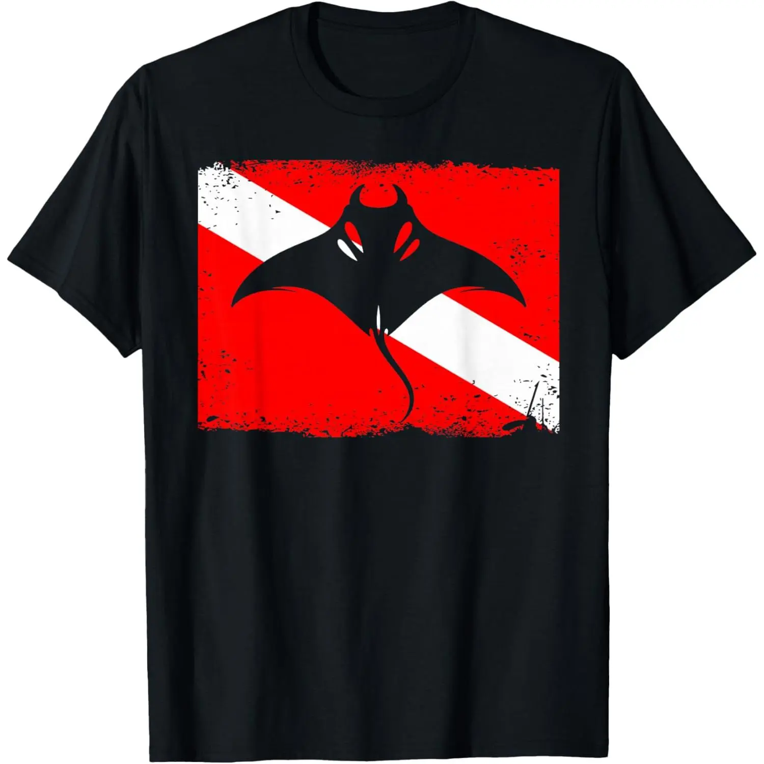 Women's Casual Streetwear T-Shirt with Vintage Distressed Manta Ray Diver Flag Graphic, Short Sleeve 100% Cotton