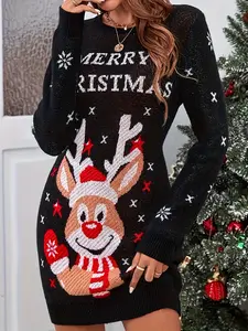 Women's Black Cartoon Elk Graphic Long Pullover, Casual Long Sleeve Crew Neck Tunic, Women's Winter Party Tops, Ugly Christmas Sweater