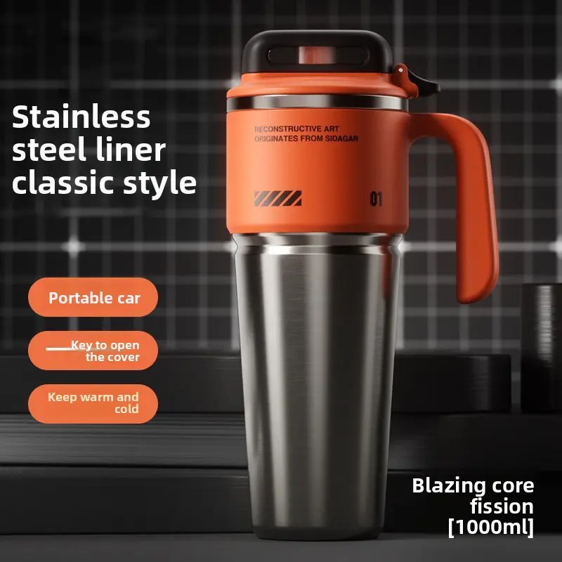 Stainless Steel Water Bottle, 1L Portable Sports Tumbler with Double Wall Insulation & 1-Touch Open Lid for Outdoor Activities, Bottles