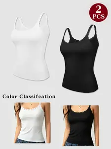 2-Pack Women's Seamless Lace Trim Tank Tops, Sheer Lightweight Design, Non-Slip No Bra Pads, Breathable Comfort, Daily Wear, Casual