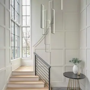 6-Light Black Modern Dimmable LED Staircase Chandelier, High Large Square Long Pendant Light Fixture for Entryway, Villa, Living Room, Stairwell