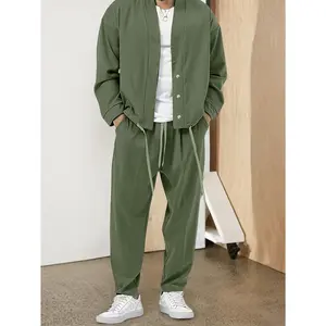 Men's 2 Piece Outfits Long Sleeve Button Down Cardigan And Pants Sets With Pockets Casual Loose Fit Lounge Suits