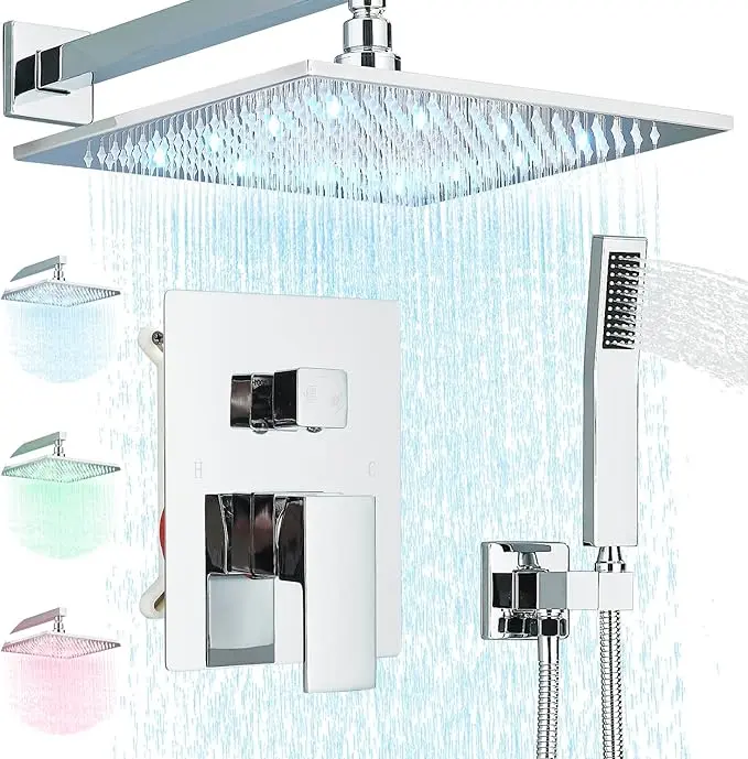 Polished Chrome LED Shower Faucet Set, Rainfall Shower System with Mixing Valve, Wall Mounted 2-Functions Bathroom Shower Systems with High Pressure Rain Shower and Handheld Sprayer Shower Trim Included, 12/16 INCH 2 sizes to Choose
