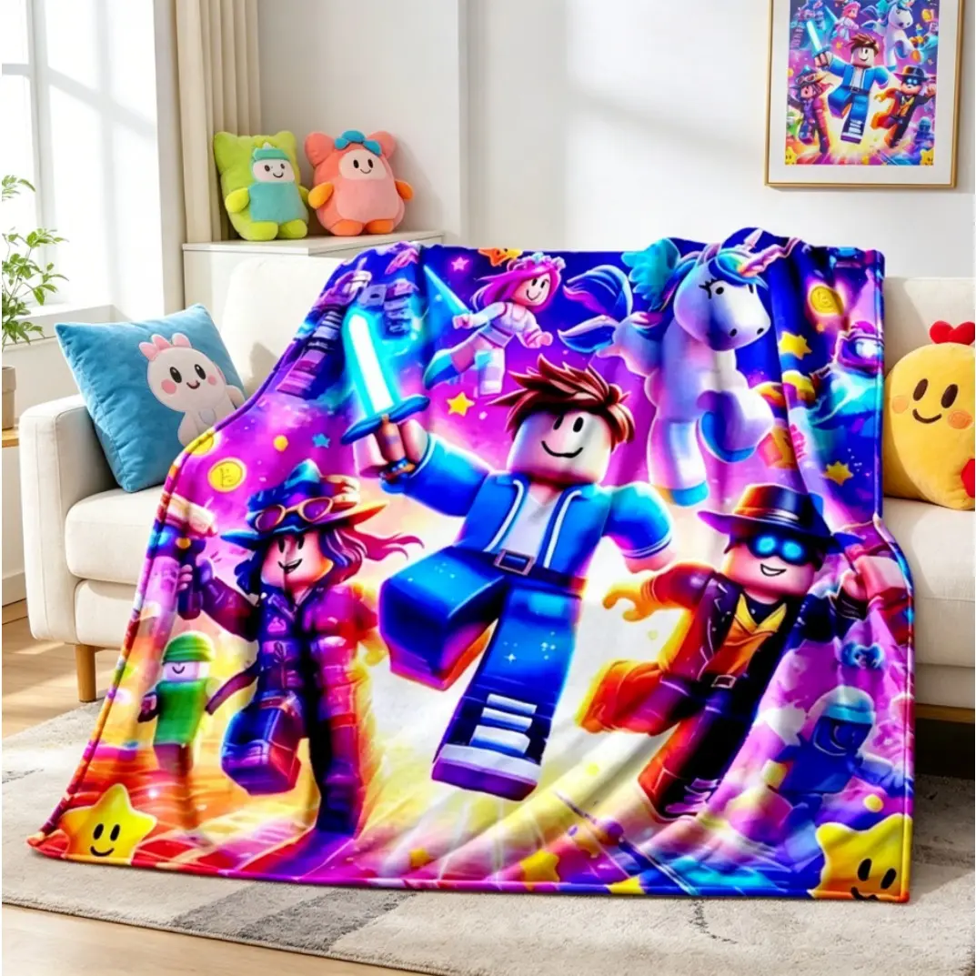 Roblox Style Game Cartoon Flannel Blanket, Ultra Soft Cozy Warm Throw for Adults Kids, Bedroom Sofa Gamer Decor Birthday Christmas Gift