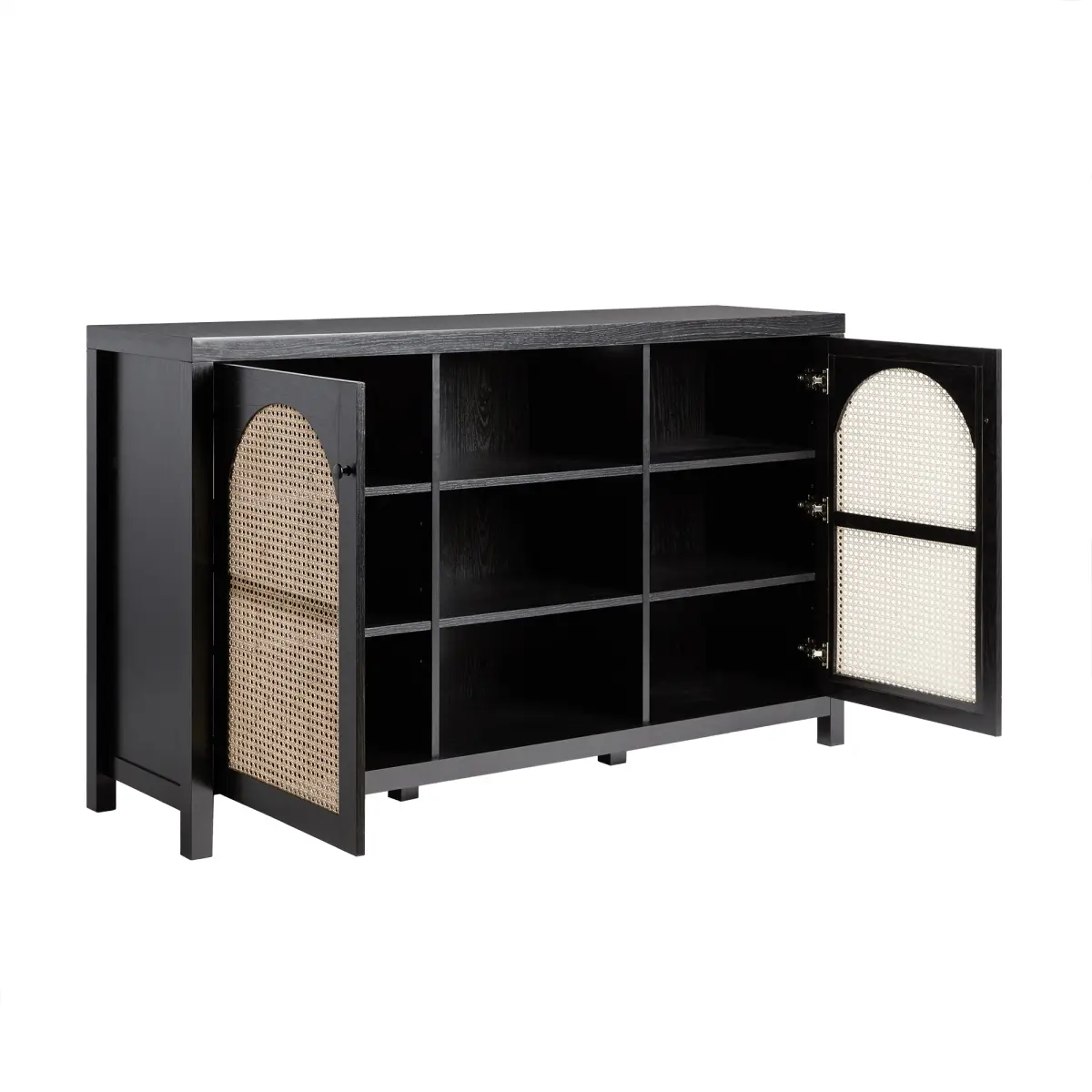 Walker Edison Transitional 4-Door Warp-Resistant Sideboard with Arched Rattan Doors, Cutout Back, 34x15.75x58 in, Black (Model SAHD5DBL2), Arched Doors