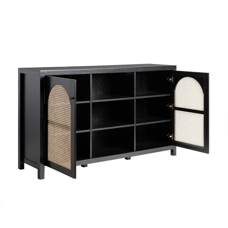 Black Home Storage & Media Cabinet (Model SAHD5DBL2) - MDF & Laminate Kitchen Buffet Sideboard, 4 Warp-Resistant Arched Rattan Panel Doors, Cutout Back, Assembly Required, 34" h x 15.75" w x 58" l