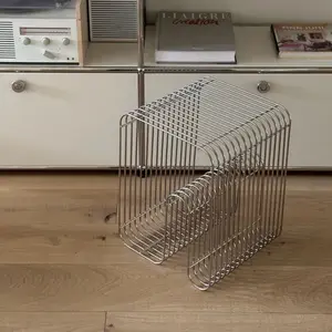 N-Shape Retro Side Table Stainless Steel Linear Metal Small End Table Iron Multi-Purpose Desktop Shelf Silver Frame Design Stable Structure Fashion Retro Style