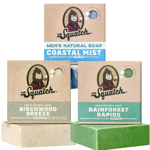 Dr. Squatch Natural Men’s Bar Soap - Cold Process Body Soap Bar with Natural Oils - Gifts for Men - Coastal Mist, Rainforest Rapids, Birchwood Breeze (5 oz, 3-Pack)