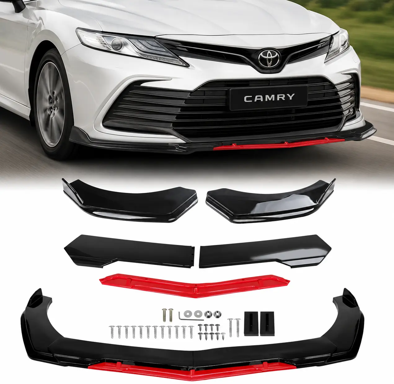 5PCS Universal Front Bumper Lip Kit - Stylish Spoiler Splitter Diffuser, Adjustable Gloss Black ABS Aerodynamic Bumper Guard Protector, Sport Wide Body Air Dam Mod Accessory Fit For Most Standard Honda Toyota Nissan Dodge Hyundai Mazda Sedans