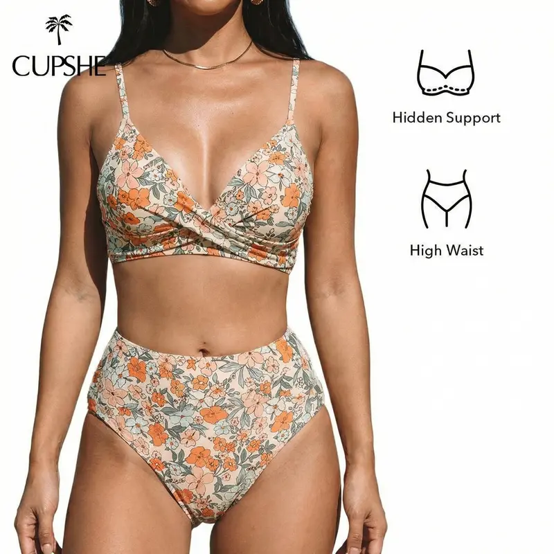 CUPSHE 【Valentine's Day】 High Waisted Bikini Sets for Women 2026: Tummy Control Two Piece Swimsuit with Twist Front V Neck & Adjustable Straps, Size Inclusive XS XXXL Floral Bathing Suits