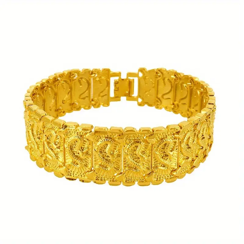 Men's Thick Nuggets Link Bracelet with Dragon Motif, 18-Karat Gold Plated Copper for Fashion Wear, 8.26in Length