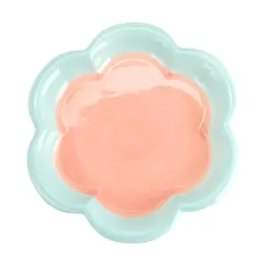 Golden Lion Large Ceramic Floral Dinner Plate - Blue Trimmed Pink Base, 7.8" Square Dish for Girls & Home Decor