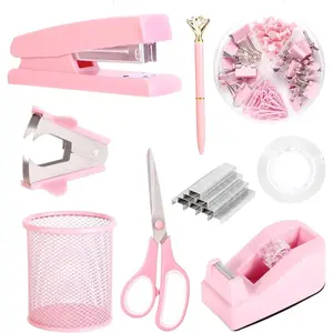 Pink Office Supplies Set for Desk-Includes Stapler, Tape Dispenser, Staple Remover, Pen Holder, Scissors, Binder/Paper Clips, Ballpoint Pen, Clear Tape and 1000 pcs Staples
