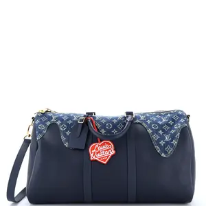 Pre-owned Louis Vuitton Denim, Leather Travel Bags Nigo Keepall Bandouliere Bag Monogram Denim and Taurillon Leather 50 by Rebag