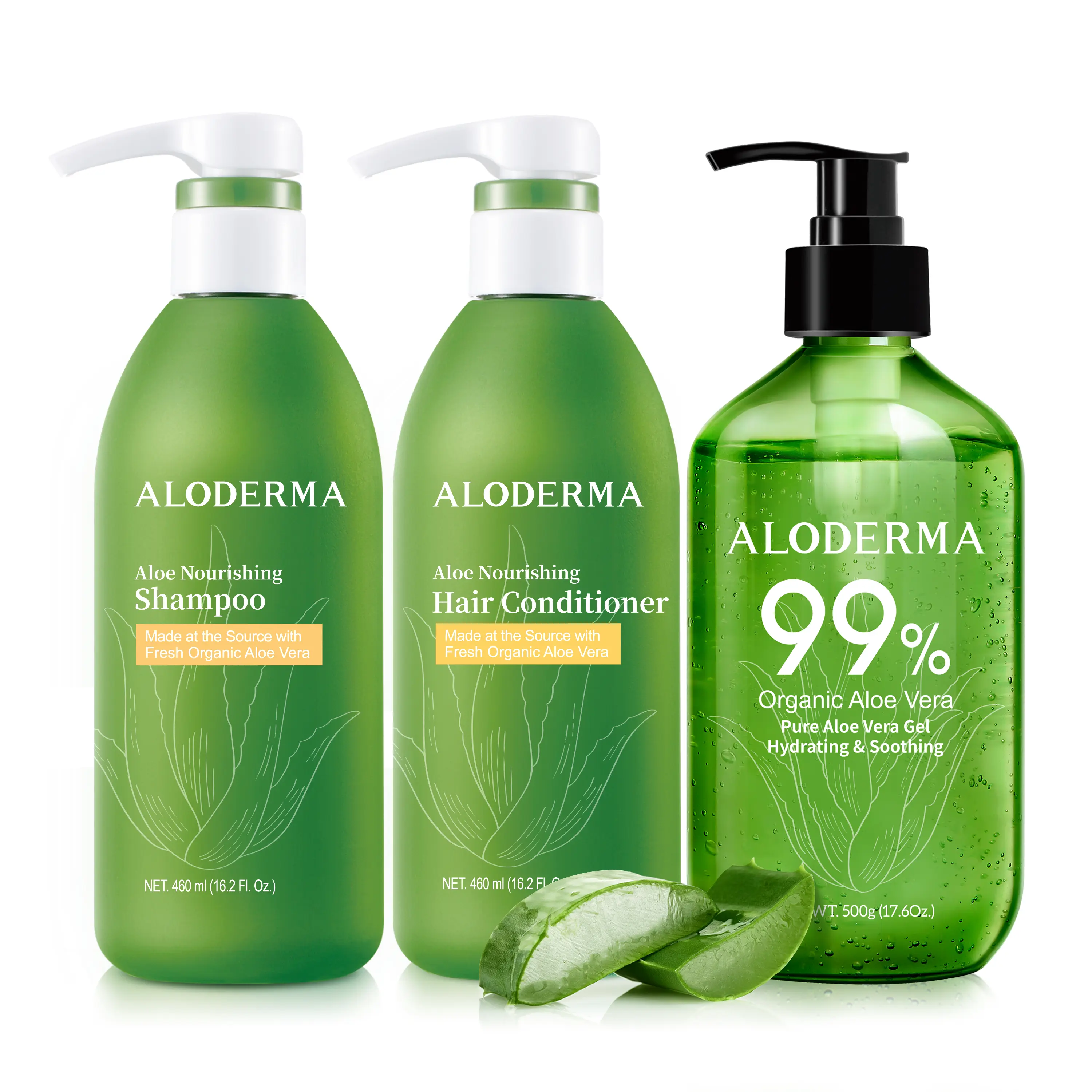 ALODERMA Organic 3-Piece Haircare Kit - Hydrating Shampoo, Strengthening Conditioner, Soothing Aloe Vera Gel Cleanser (500g) with Panthenol, Arginine, Amino Acid for 12 Hours Hydration, Sensitive Dry Irritated Skin Repair & Eczema Relief
