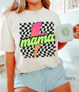 Comfort Colors® Retro Checkered Mom, Mothers Day Gift Neon Mama Shirt, Checkered Mama Shirt, Lightning Bolt Shirt
