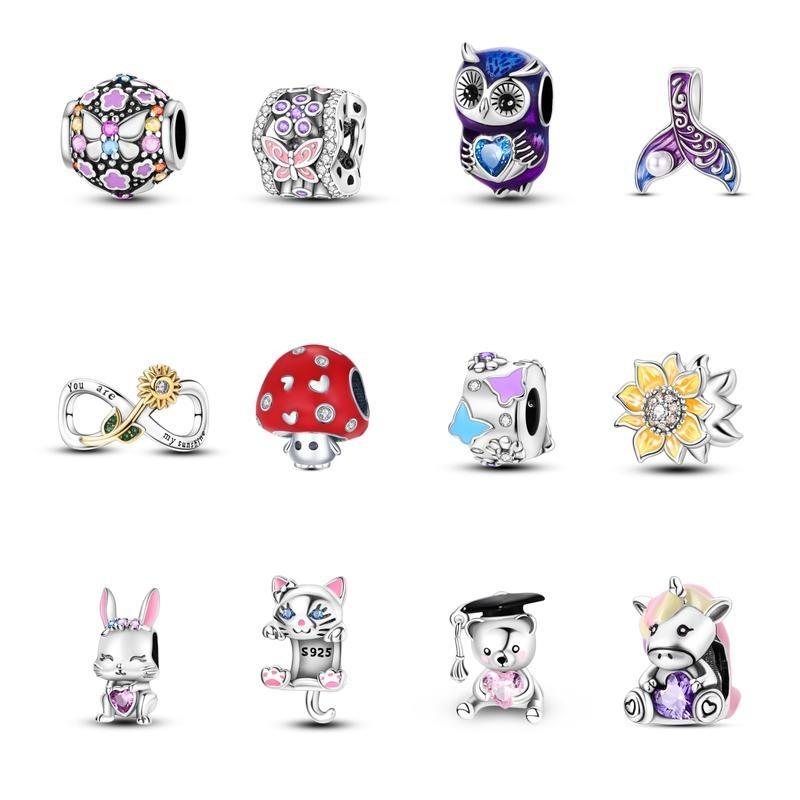 Animal and Plant Charm Beads - 925 Silver and Enamel, Nature Style Bracelet and Necklace Charms for Women and Girls, Cute Animal and Flower Beads Fit All Pandora Bracelets and Necklaces