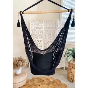 Black Woven Macrame Hammock Chair with tassels | DIANA