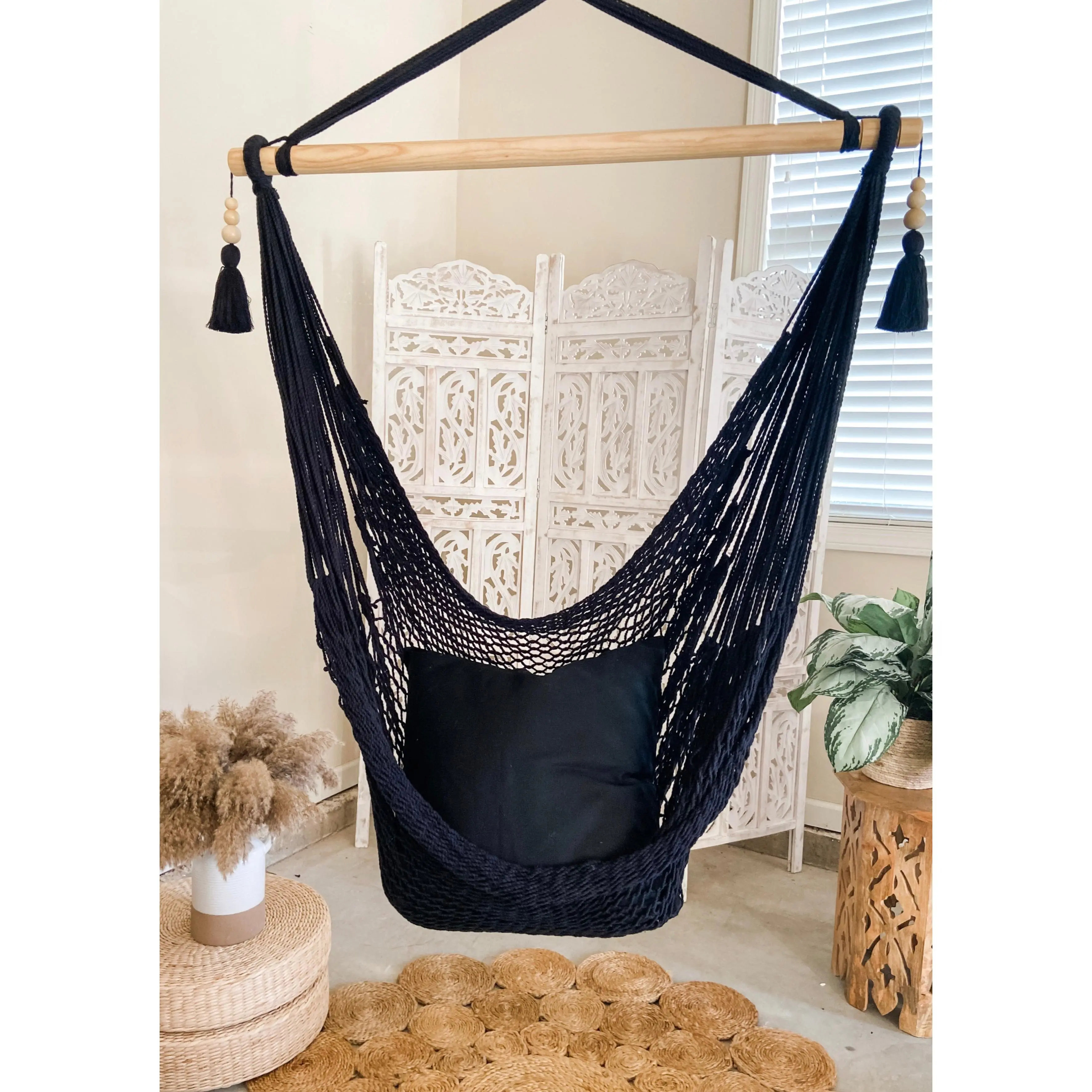 Black Woven Macrame Hammock Chair with tassels