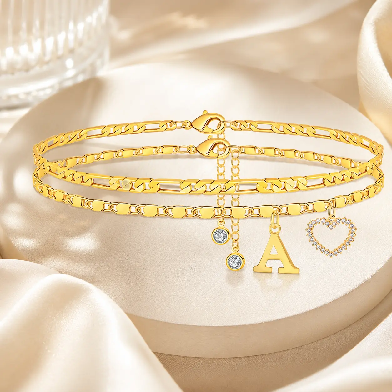 GANIA Women's Alloy Dainty Layered Ankle Bracelets Set - Adjustable Initial Pendant Letter Chain Anklets for Female Wear, Hypoallergenic Waterproof Safe Costume Accessories, Birthday Gifts (A-Z)