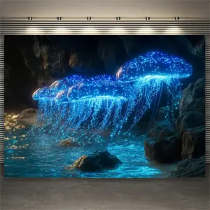 1pc Stunning 3D Jellyfish Glow-in-the-Dark Ocean Tapestry - Blue Illuminated Polyester Wall Hanging with Rocks & Coral Reef Design, Perfect for Living Room, Bedroom, or Dorm Decor, Living Room Decor |     Glowinthedark Decor |     Selfilluminating Fabric