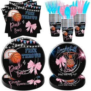 Basketball or Bows Gender Reveal Decorations Tableware, Free Throws or Pink Bows Gender Reveal Party Supplies, Disposable Paper Plates, Cups, Napkins, Cutlery, Serves 24