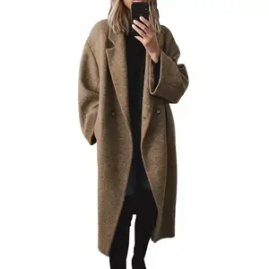 Women's Winter Double-Breasted Long Wool Coat Notched Lapel Long Coat with 2 Side Pockets for Daily Life & Streetwear - WomenswearGiftGift