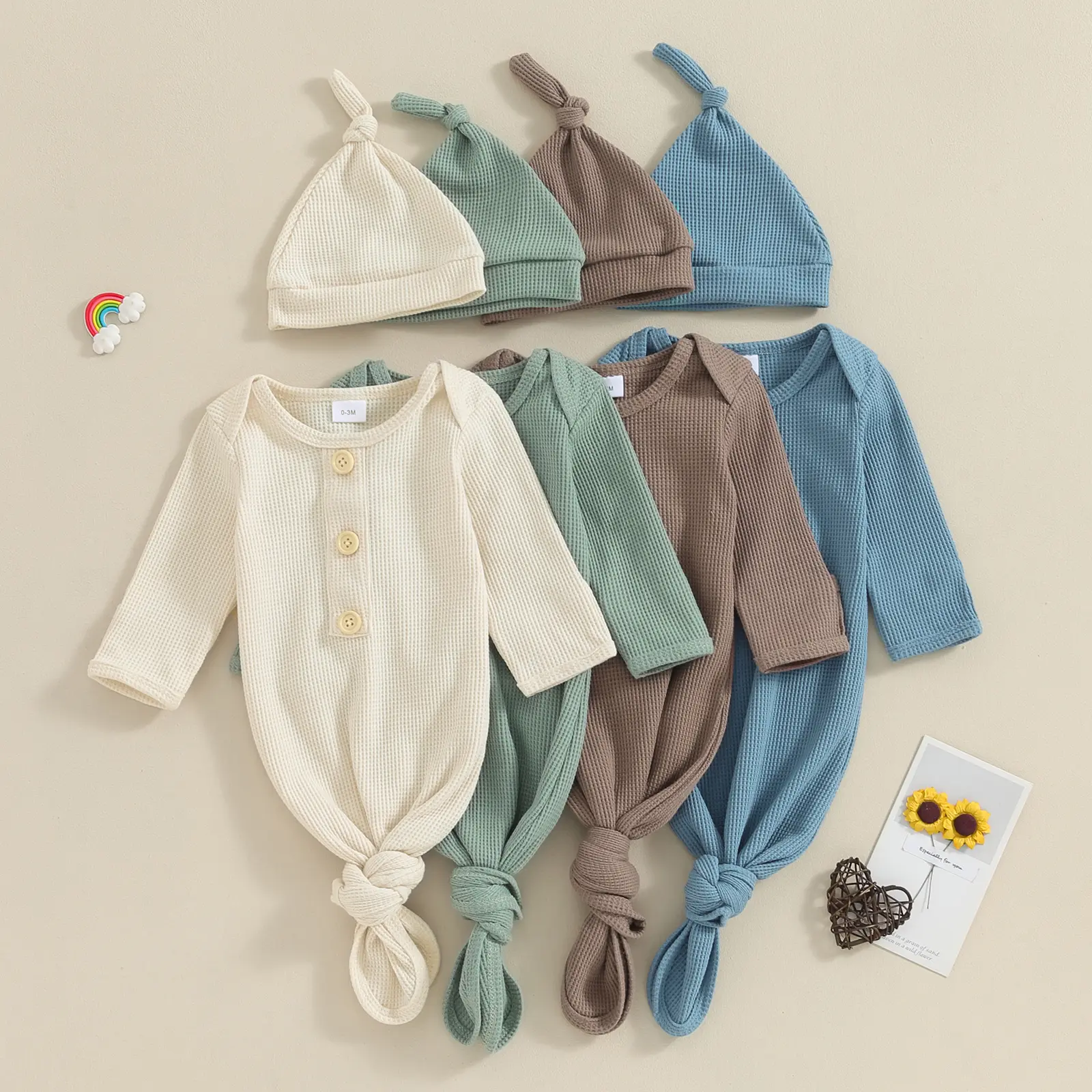 Newborn Baby Boys Girls Knotted Gown with Hat Set, Unisex Infant Nightgown with Mittens Sleepwear  Pajamas