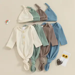 Newborn Baby Boys Girls Knotted Gown with Hat Set, Unisex Infant Nightgown with Mittens Sleepwear  Pajamas