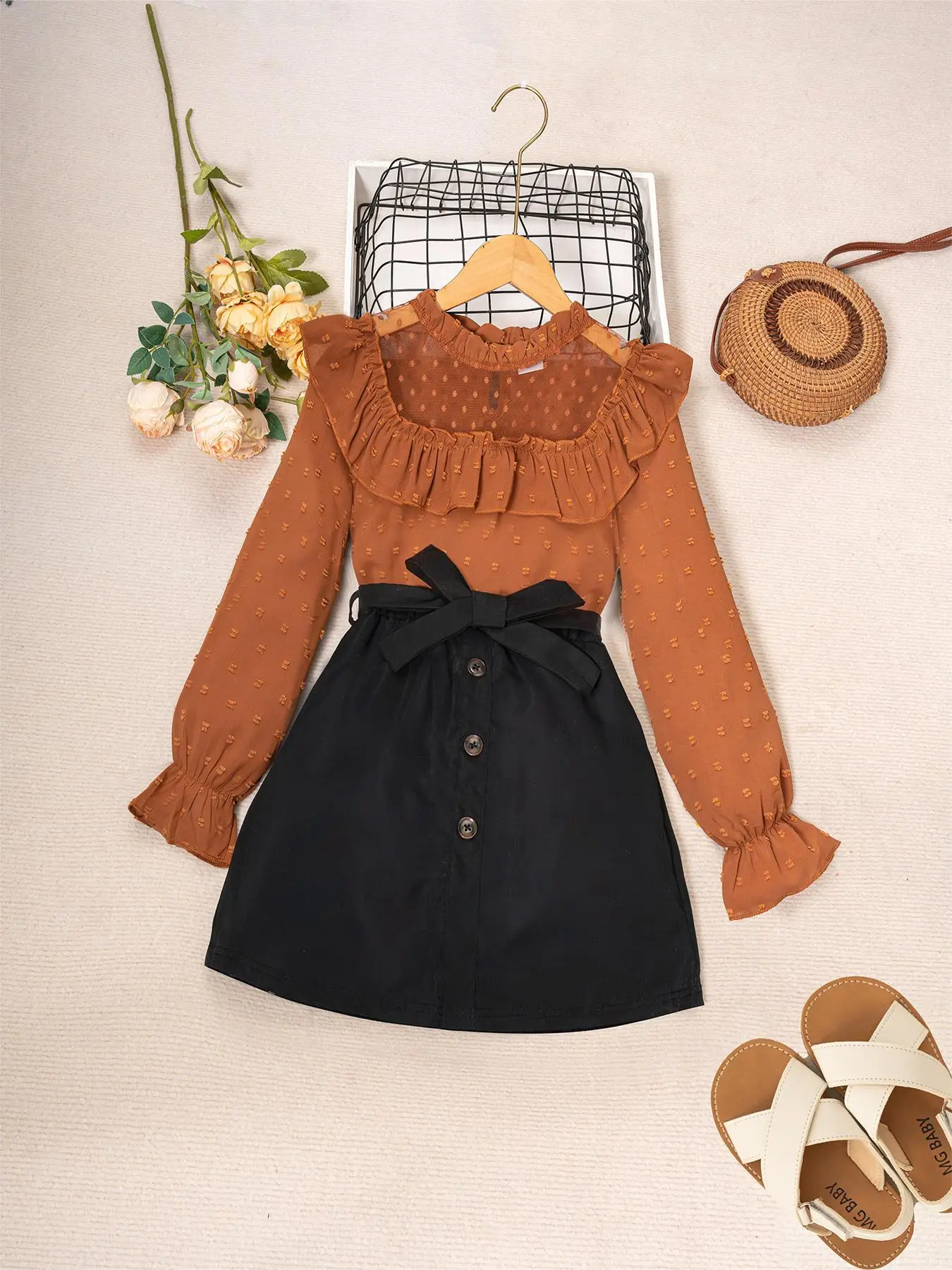 Two-Piece Set Girl's Contrast Lace Flounce Sleeve Ruffle Blouse & Belted Button A-line Skirt, Elegant Fashion Casual Outfits for Daily Outdoor Wear, G