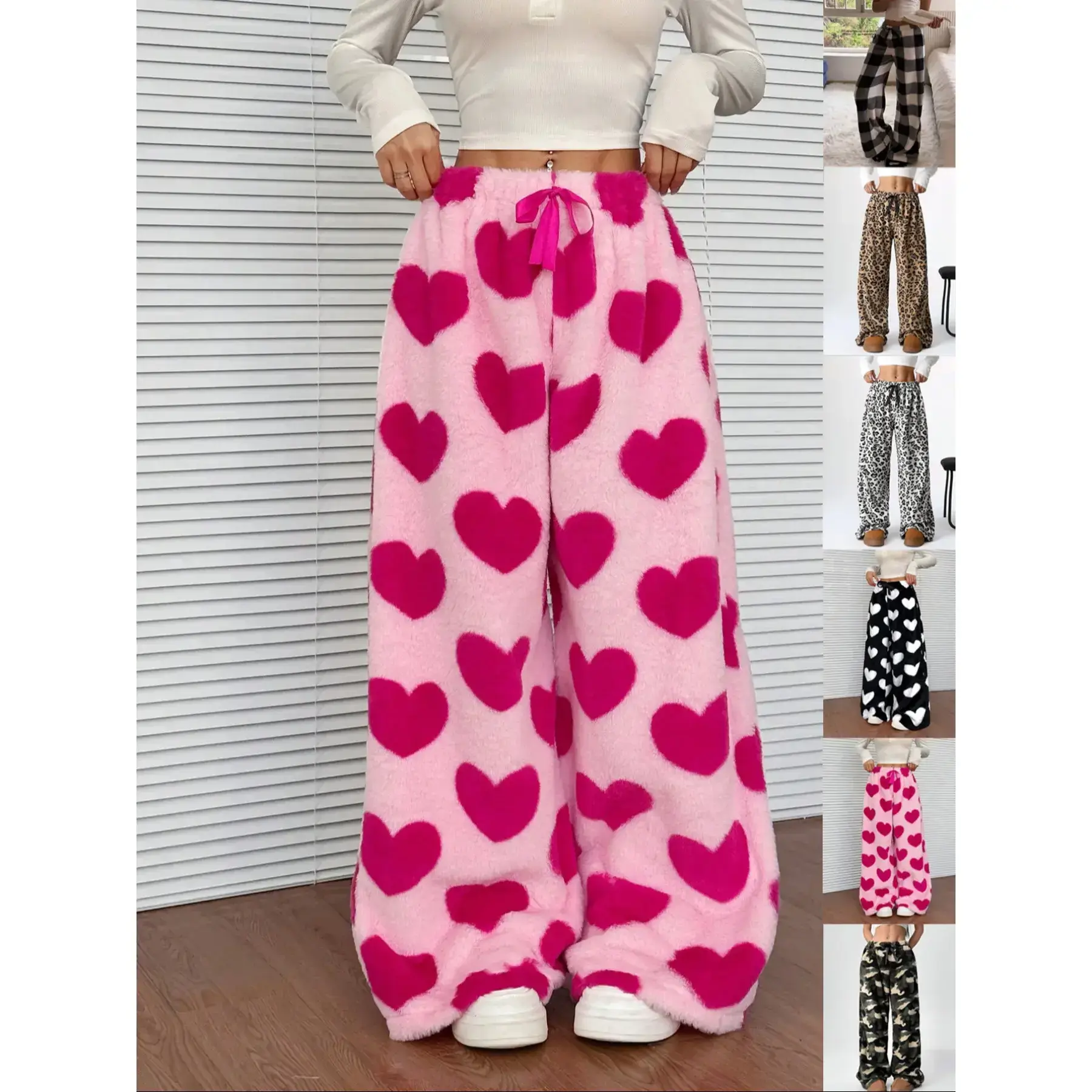 Women's leopard print bow decorated elastic waist wide pants, casual, soft and comfortable daily pants, autumn and winter women's underwearRAIMENTRY Women's leopard print bow decorated elastic waist wide pants, casual, soft and comfortable daily pants, autumn and winter women's underwearRAIMENTRY