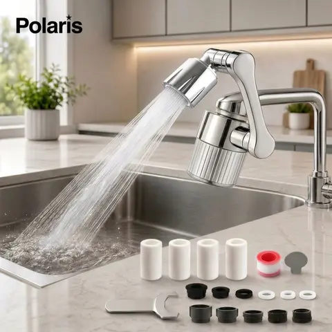 POLARIS 3D Swivel Water Faucet Filter Set - 1.2 GPM Low Flow, 360-Degree Rotatable Built-In Ball Joint Aerator, Anti-Splash Soft Flow, Transparent Shell, 4 Replacement Cartridges, Universal Adapter, Compact Space-Saving, Rust Resistance for Kitchen Sinks