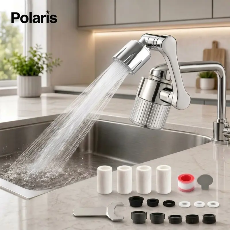 POLARIS 3D Swivel Water Faucet Filter Set - 1.2 GPM Low Flow, 360-Degree Rotatable Built-In Ball Joint Aerator, Anti-Splash Soft Flow, Transparent Shell, 4 Replacement Cartridges, Universal Adapter, Compact Space-Saving, Rust Resistance for Kitchen Sinks