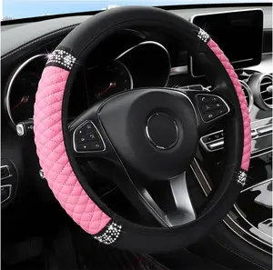 Bling Car Steering Wheel Cover, 15 Inch Rhinestones Soft Leather Elastic Steering Wheel Protector, Sparkly Crystal Diamond for Women Girls, Car Interior Accessories for Most Cars (Pink) Osilly