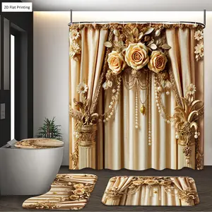 1/3/4PCS Luxury style with Roses Pearls and Columns Shower Curtain Set with Rugs, Non Slip Bath Mat, U-Shape Carpet, Toilet Lid Cover, Polyester Fabric Bathtub Curtain Accessories, 12 Hooks, Home Bathroom Festival Decor, Bathroom Decoration Accessories