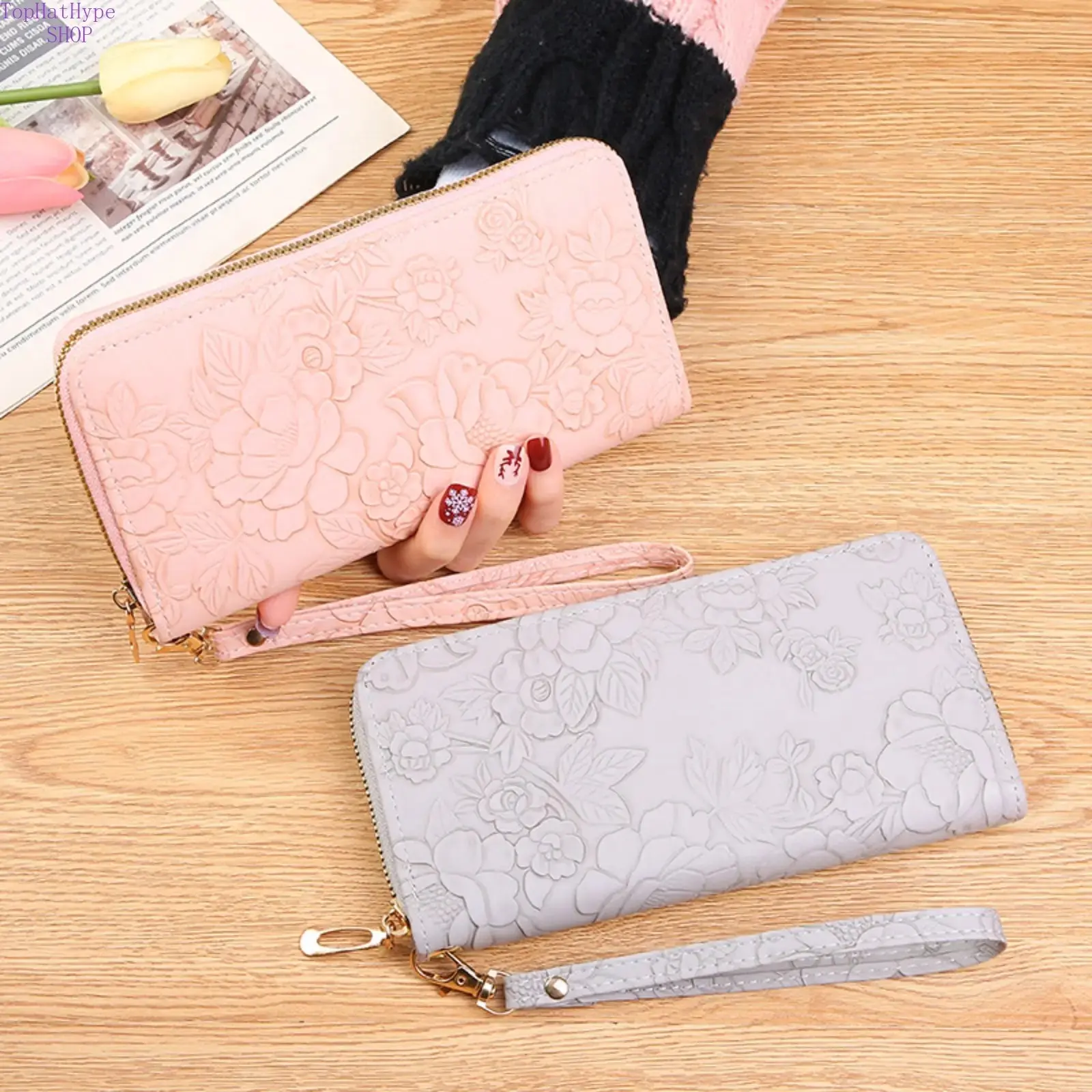 Women's Slim Embossed Envelope Clutch Wallet - Black Multi-Compartment Long Zipper Organizer with Large Phone Pocket for Casual Daily Use & Travel, Wallets For Women, Slim Organizer, Purse Women, Trendy Clutch Bag