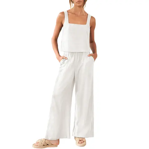 ANRABESS Women's 2 Piece Outfits Neck Linen Tank Crop Top Wide Leg Pants Matching Lounge Set Tracksuit Summer Cute