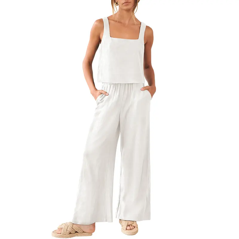 ANRABESS Women's 2 Piece Outfits Neck Linen Tank Crop Top Wide Leg Pants Matching Lounge Set Tracksuit Summer Cute
