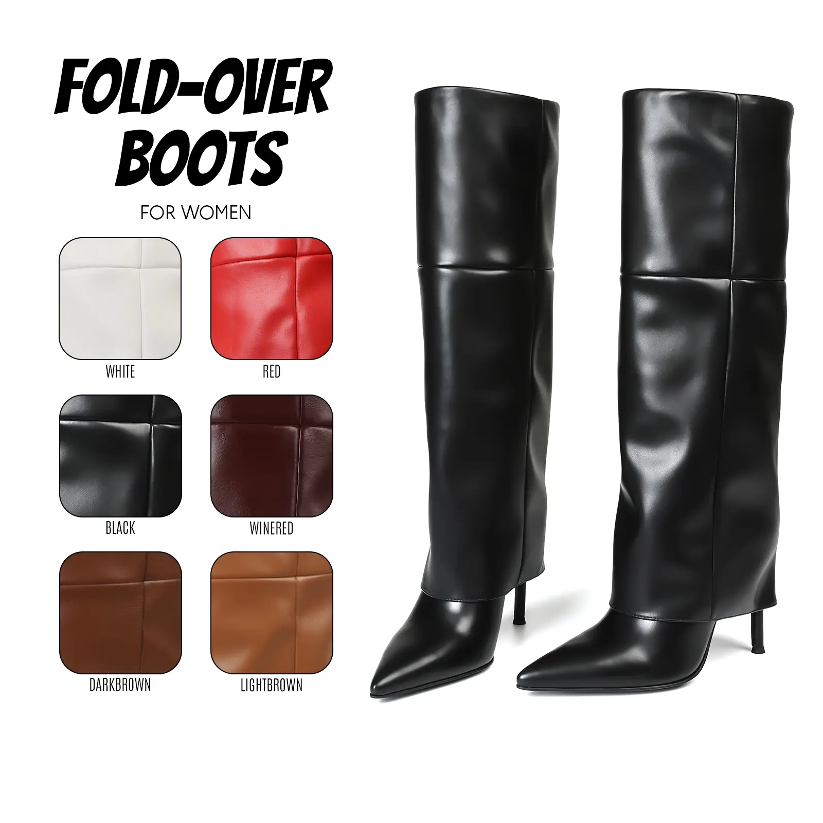 Womens Fold Over Boots Slouchy Knee High Boot Pointed Toe Stiletto High Heel Wide Calf Easy Pull On Warm Comfy Party Gifts for Party Festival Work Spring Summer Fashion Shoes for Girls