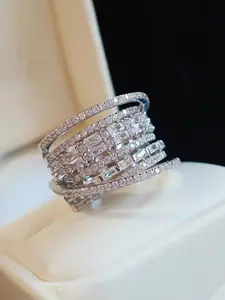 1 Piece of Fashionable Line Copper Inlaid Zircon Ring for Women, Elegant Temperament, Engagement Wedding Banquet Anniversary Commemorative Ring, Stackable Finger Rings