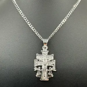 Caravaca Double Cross Necklace in 925 Sterling Silver  Jesus Crucifix Pendant with Cuban Chain (22” or 24”)