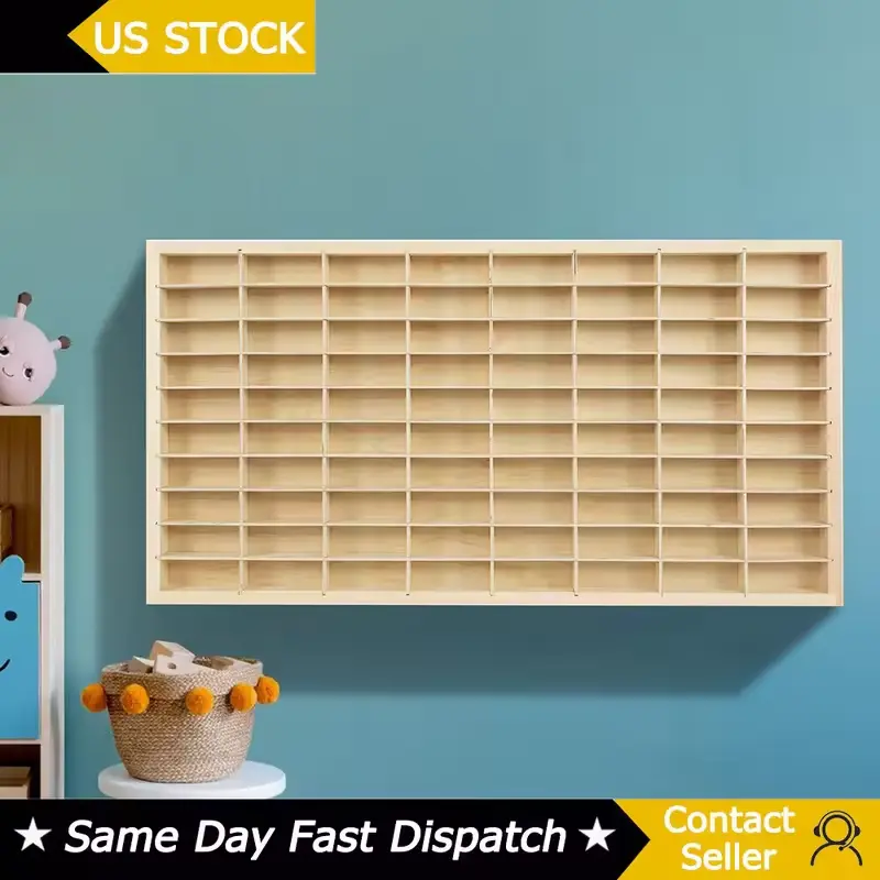 1/64 Wood Display Shelf & Toy Storage Rack, 80-Grid Organizer for Hot Wheels Diecast Cars & Matchbox Vehicles