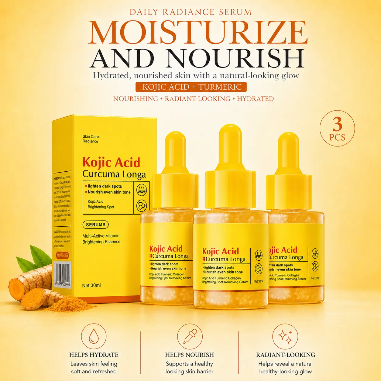 Kojic Acid Turmeric Face Serum, Lightweight Hydrating and Nourishing Facial Essence for a Smooth, Radiant-Looking Complexion, 1 fl oz