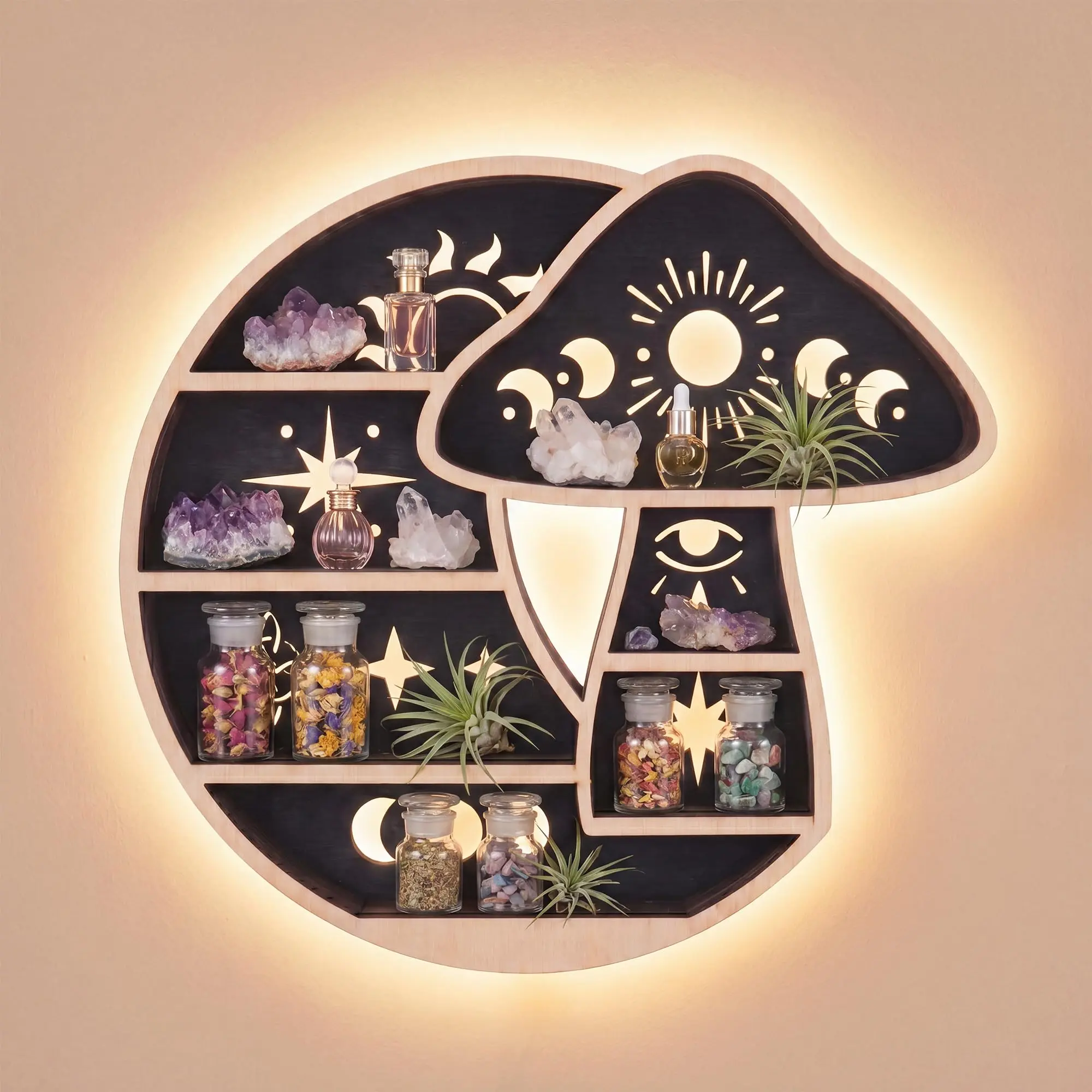 Crescent Moon Floating Shelf with LED Light, Whimsical Mushroom Wall Decor | LED crescent moon wall shelf for crystals, rocks, gems, healing stones, trinkets and knick knacks, witchy bedroom decor