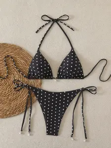 Women's Polka Dot Bikini Set, Strapless Triangle Top and High Waist Tie Bottoms, Casual Fitted Swimwear, Bikini Swimsuits for All Seasons