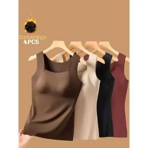 4pcs Women'S Seamless Warm Tank Top with Built-in Bra |   Slim-Fit Lifting, Skin-Friendly Base Layer, Sleeveless Wide Straps, Solid Colors (Black/Apricot/Brown), Smooth Washable Fabric, All-Season Layering for Daily Use
