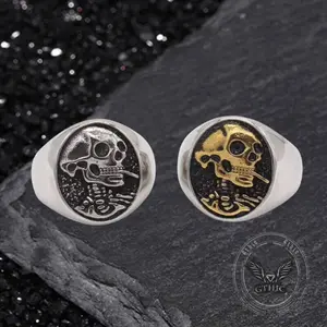 GTHIC Smoking Skull Stainless Steel Ring for Men Gothic Statement Jewelry Accessories Daily Wear
