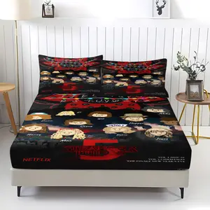 3 Piece "Stranger Things 5" Patterned Fitted Sheet,Including 1 Bed Sheet and 2 Pillowcases,Anti Slip Dust Cover Suitable for Bedrooms and Guest Rooms,Suitable for Personal Use or Gift Giving
